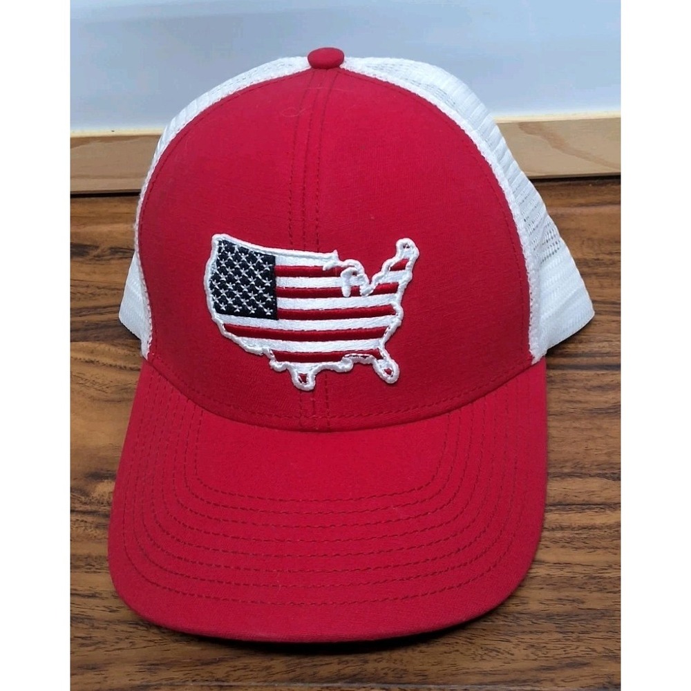 American Company USA Flag Map Trucker Mesh Red Cap Hat Adjustable Strapback EUC